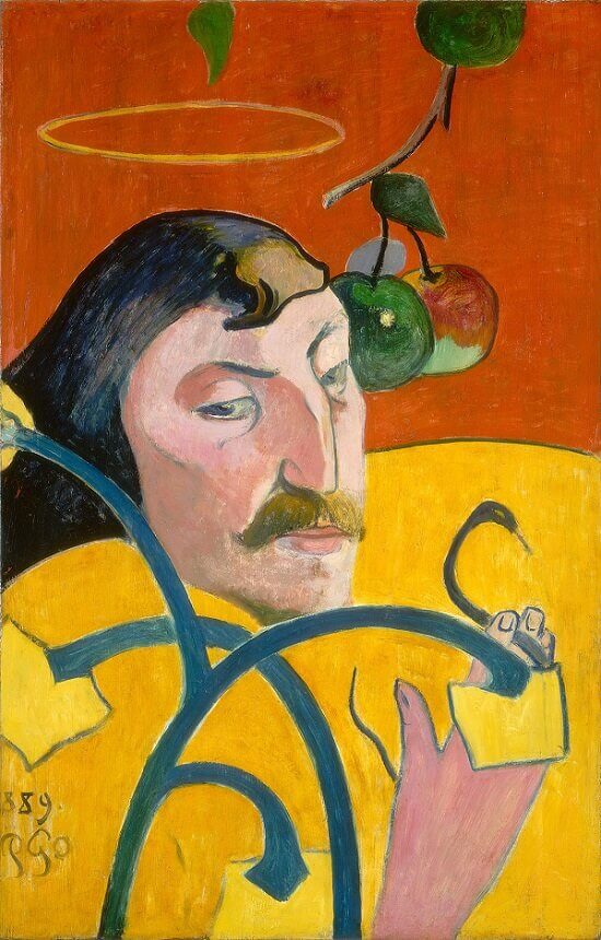 Self portrait with a mustached and haloed face in the center, apples in the air, and a stark red and yellow background.