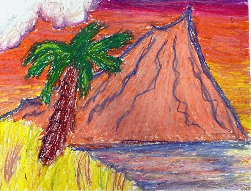 Student oil pastel artwork of a volcano in the sea.