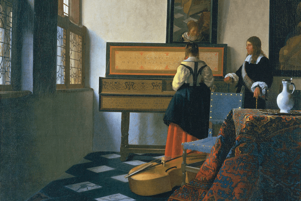 Vermeer's early 1600s painting entitled A Lady at the Virginal with a Gentleman, commonly knows as The Music Lesson.